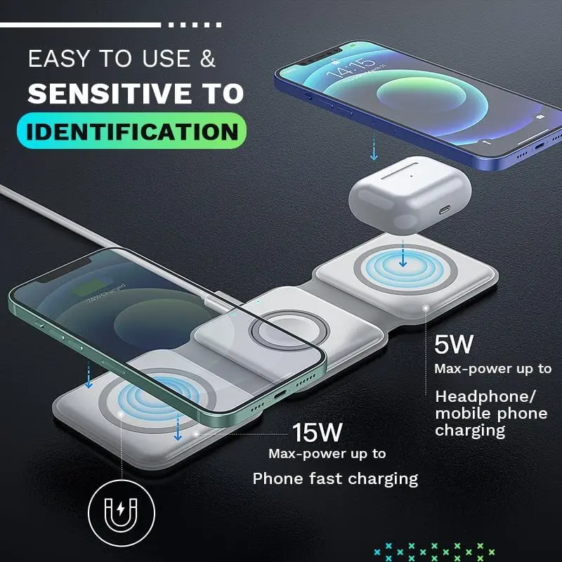 Джобно Складное безжично зарядно устройство 3 в 1 с мощност 15 W, Бързо зарядно Устройство За iPhone 11 Xs Max X XR AirPods и Apple Watch Дропшиппинг Изображение 2