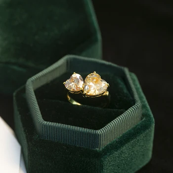 Нови дамски брачни халки от жълт камък, в двойна форма на сърце, романтизъм, сладка годеж, луксозни бижута за подарък на приятелка