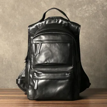 Просто случаен дизайнерски мъжки черен раница от естествена кожа за пътуване на открито, голям голям мека воловья чанта за студенти