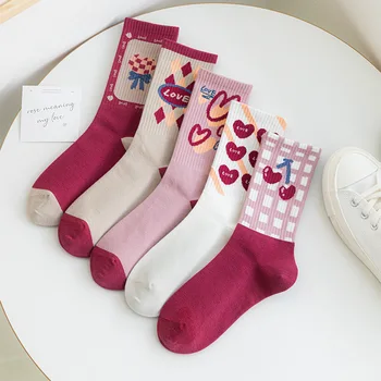 Пролетно-Есенни Чорапи за Жените, Розови Модни Чорапи с Принтом Средна дължина, Чорапи с дрямка, Ежедневни Универсални Памучни Чорапи, Сладки Кавайные Чорапи