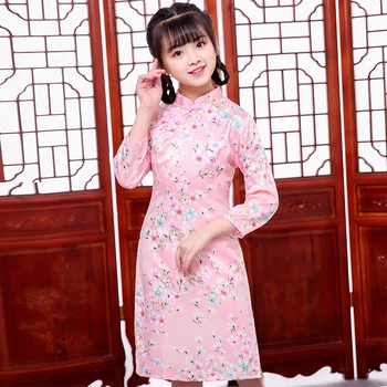Момиче Розово Цвете Китайското Традиционно Парти Рокля С Дълъг Ръкав Подарък Рокли Qipao Сладко Бебе Пролетния Фестивал Рокли